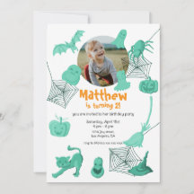 Green Halloween-themed birthday party invitation