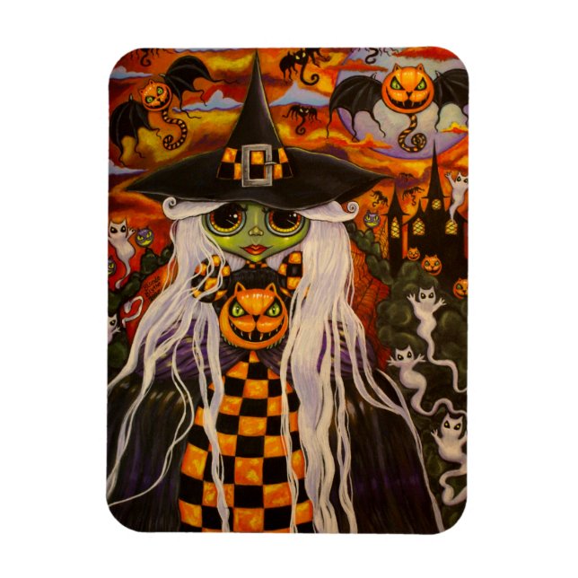 Green Halloween Witch Girl Cat Pumpkins, Ghosts Magnet (Vertical)