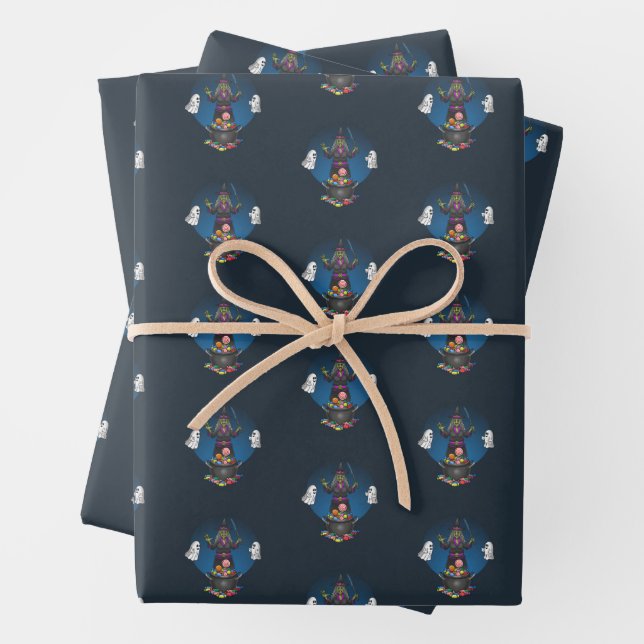 Green Halloween Witch Wrapping Paper Sheets (In situ)