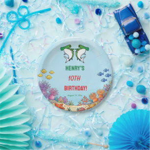 Green Hammerhead Shark Fin-tastic Kid Birthday Paper Plates