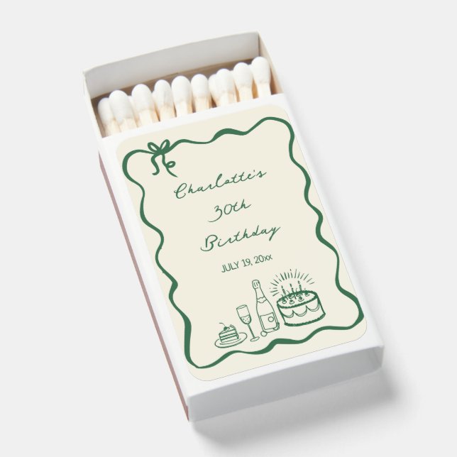GREEN hand drawn 30th Birthday Party Favor Matchboxes (Front Open)