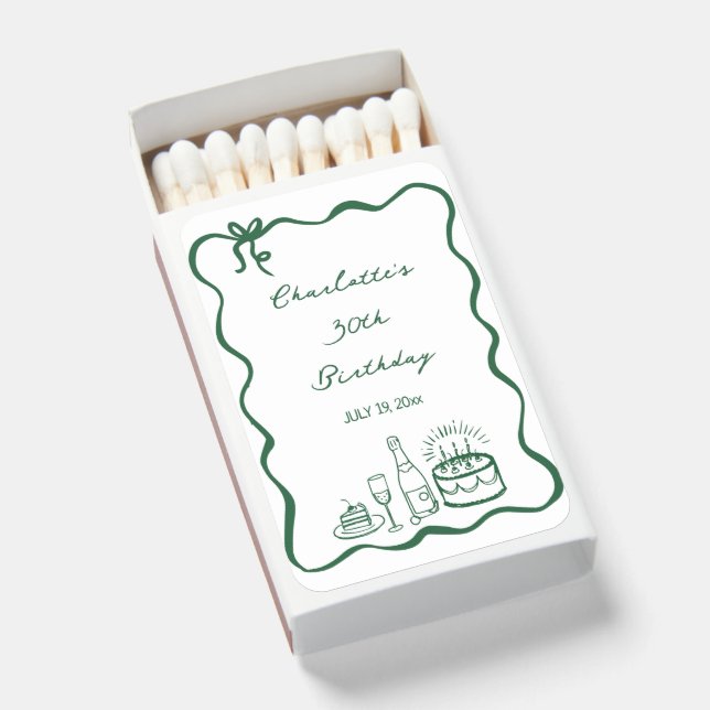 green hand drawn 30th Birthday Party Favor Matchboxes (Front Open)