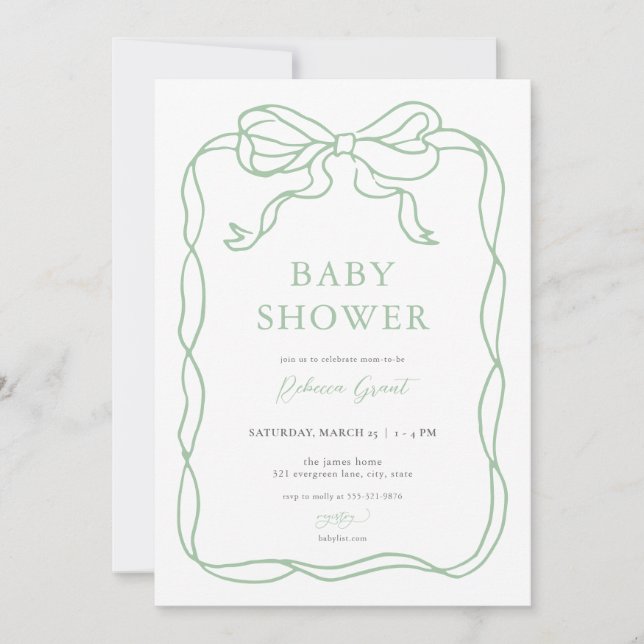 Green Hand Drawn Bow Baby Shower Invitation (Front)
