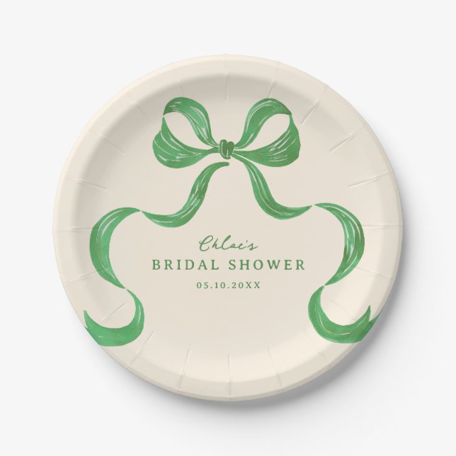 Green Hand Drawn Bow Bridal Shower Paper Plates (Front)
