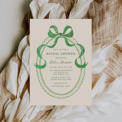 Green Hand Drawn Bow Frame Bridal Shower Invitation