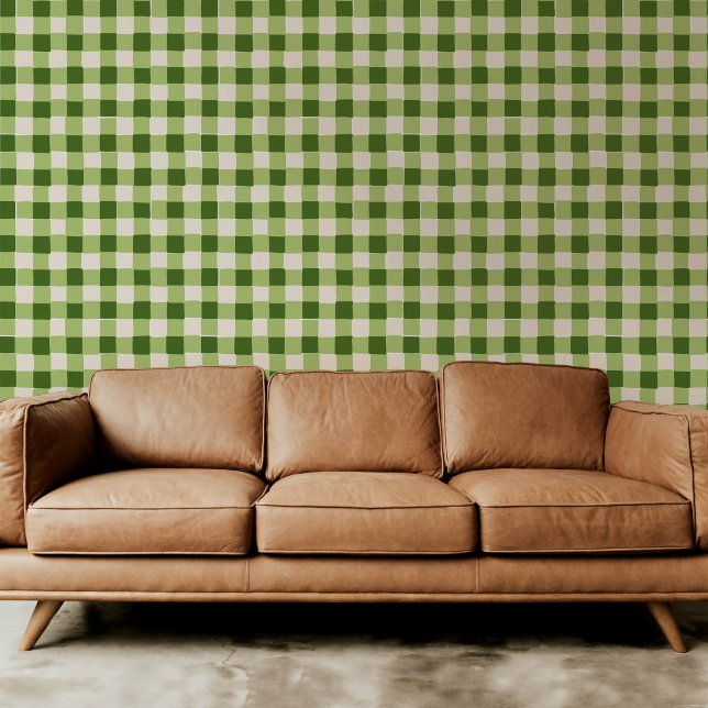Green Hand-Drawn Checkered Plaid Wallpaper (Playful green on green hand-drawn checkered plaid modern peel and stick wallpaper.)