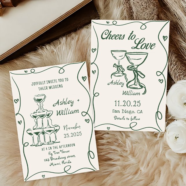 Green Hand Drawn Cheers to Love Wedding Invitation (Creator Uploaded)