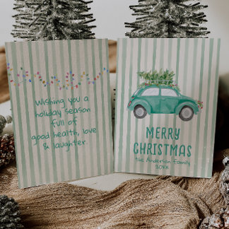 Green Hand Drawn Christmas Car Tree Non-Photo Holiday Card