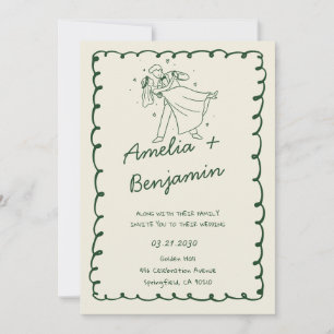 green hand drawn couple Whimsical Wedding Invitation