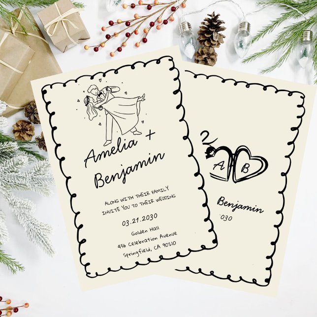 green hand drawn couple Whimsical Wedding  Invitation (Creator Uploaded)