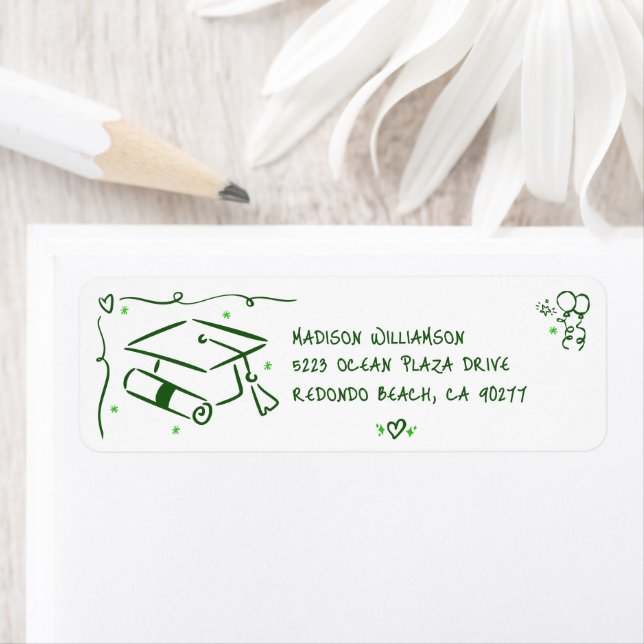 Green Hand Drawn Doodle Graduate Cap White Address Label (Insitu)