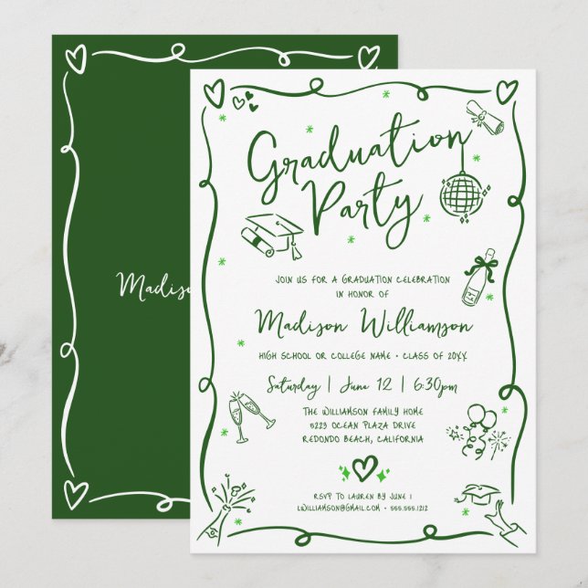 Green Hand Drawn Doodle Graduation Fun White Party Invitation (Front/Back)