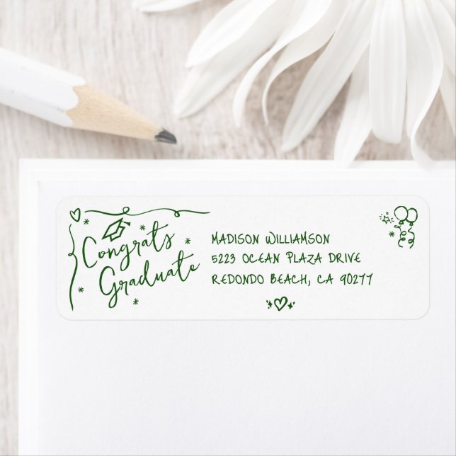 Green Hand Drawn Doodle Graduation White Address Label (Insitu)