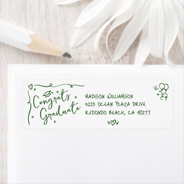 Green Hand Drawn Doodle Graduation White Address Label (Insitu)