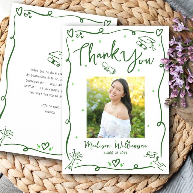 Green Hand Drawn Doodle Photo Graduate White Retro Thank You Card (Creator Uploaded)