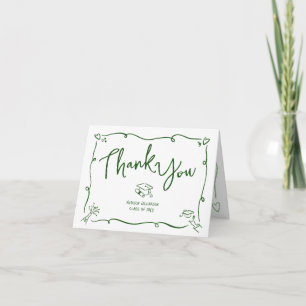 Green Hand Drawn Doodle Style Graduation White Fun Thank You Card