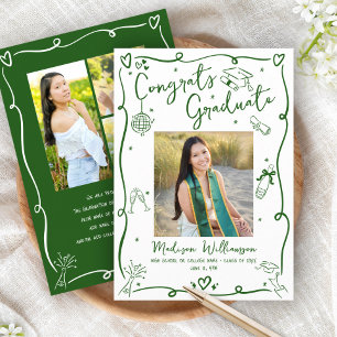Green Hand Drawn Doodles Graduation 4 Photo White Announcement