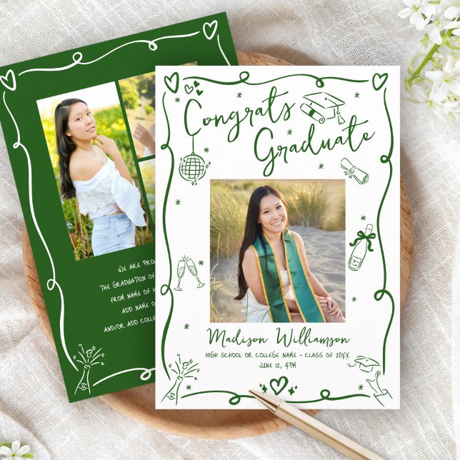 Green Hand Drawn Doodles Graduation 4 Photo White Announcement (Creator Uploaded)