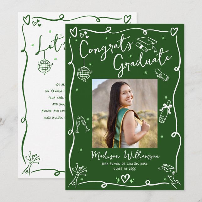 Green Hand Drawn Doodles Graduation Photo Retro Announcement (Front/Back)