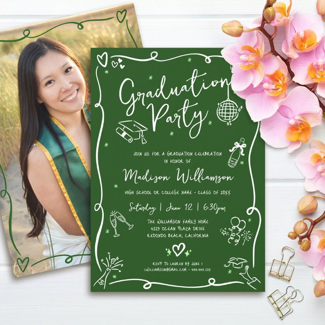 Green Hand Drawn Doodles Photo Graduation Party Invitation (Creator Uploaded)