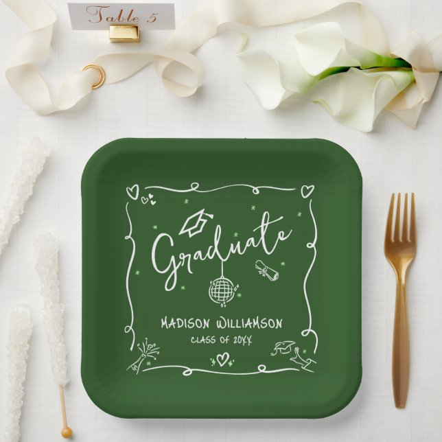 Green Hand Drawn Doodles Style Graduation Quirky Paper Plates (Wedding)