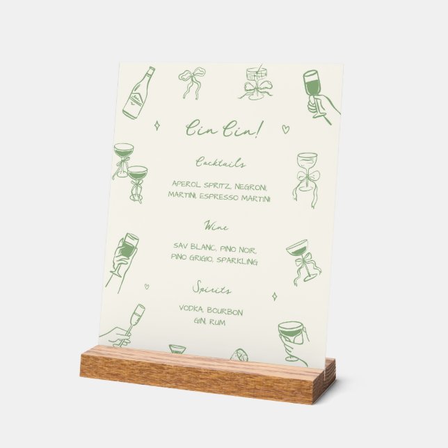 Green Hand Drawn Italian Wedding Cin Cin Bar Acrylic Sign (Angle)