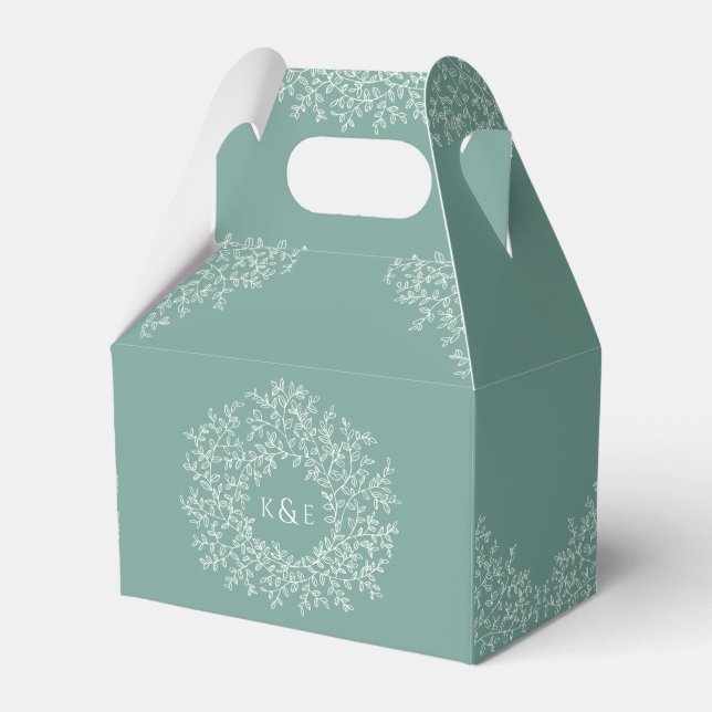 Green hand drawn leaf monogram art circles favor boxes (Front Side)