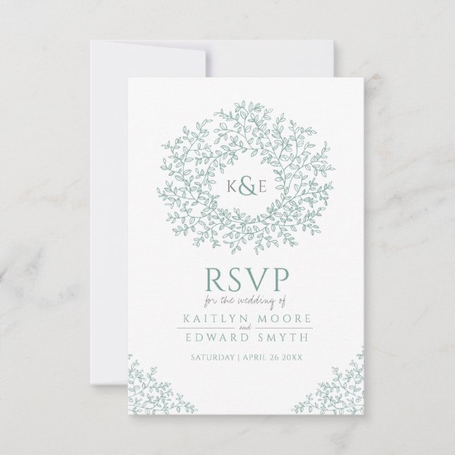 Green hand drawn leaf monogram RSVP wedding (Front)