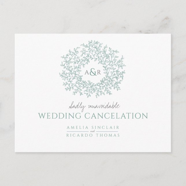 Green hand drawn leaf monogram wedding cancelation announcement postcard (Front)