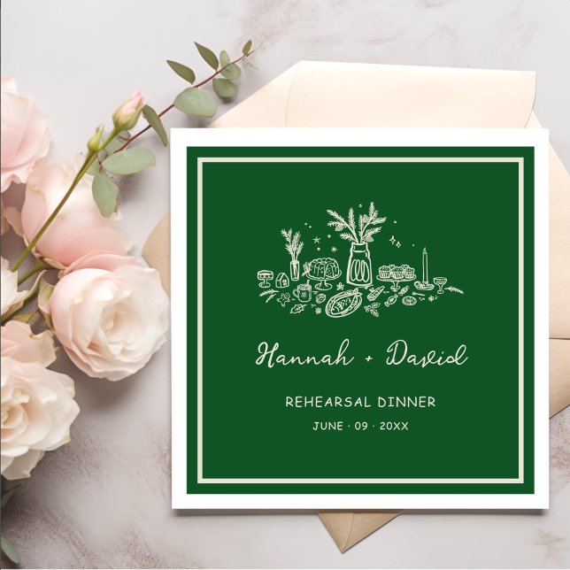  Green Hand Drawn Modern Rehearsal Dinner Wedding Napkins (Creator Uploaded)