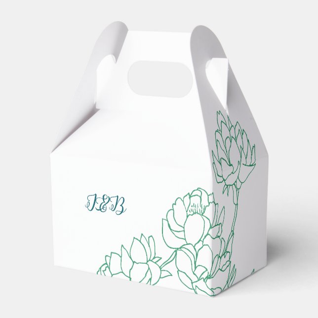 Green Hand Drawn Peony Flowers Wedding Favor Boxes (Front Side)