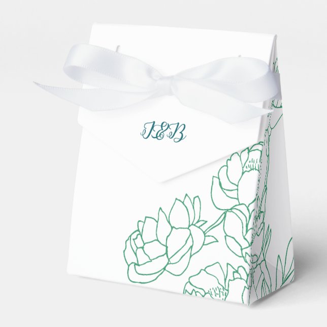 Green Hand Drawn Peony Flowers Wedding Favor Boxes (Front Side)
