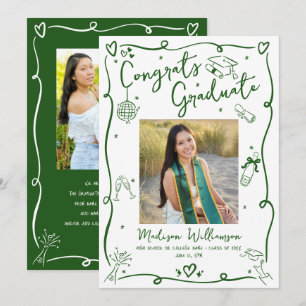 Green Hand Drawn Sketches Graduation 5 Photo White Announcement
