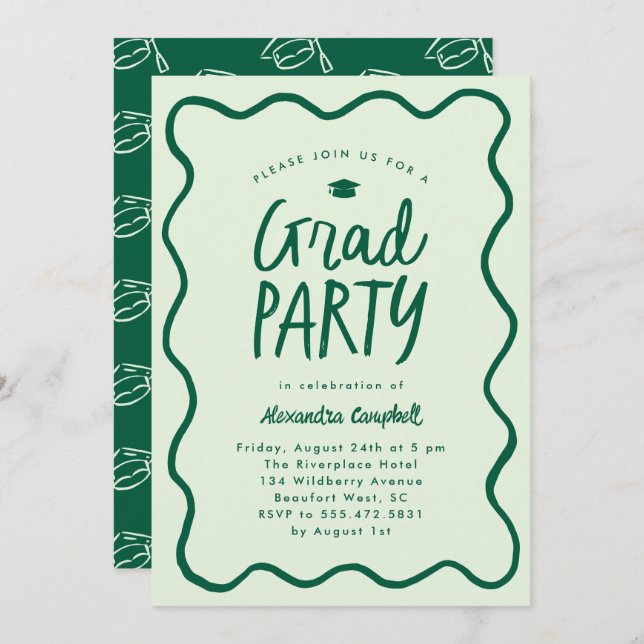 Green Hand Drawn Squiggle Graduation Party Invitation (Front/Back)