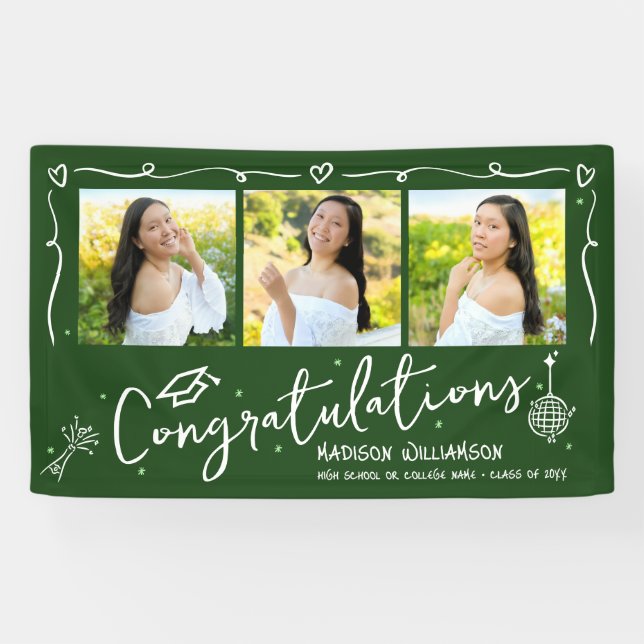 Green Hand Drawn Style Doodles Graduation 3 Photo Banner (Horizontal)