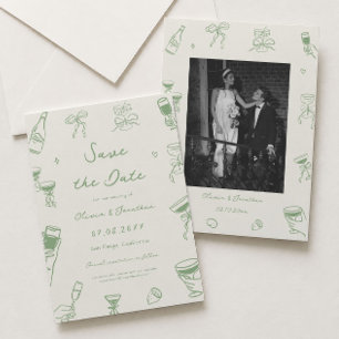Green Hand Drawn Wedding Save the Date Photo Invitation