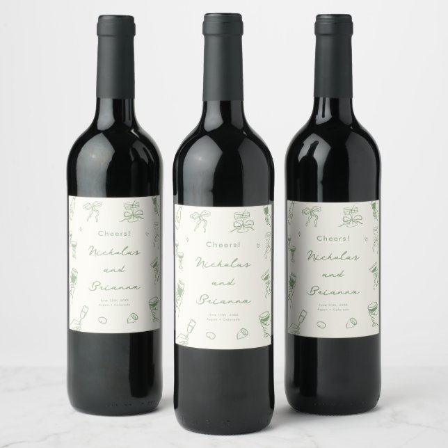 Green Hand Drawn Wedding Wine Label (Bottles)
