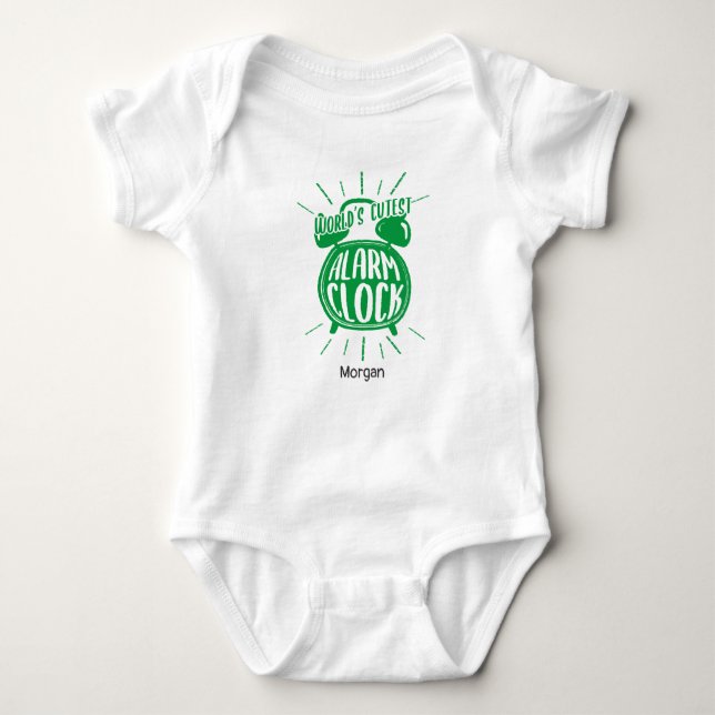 Green Hand-drawn World's Cutest Alarm Clock Baby Bodysuit (Front)