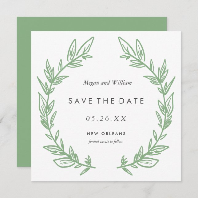 Green Hand Drawn Wreath Save the Date Card (Front/Back)