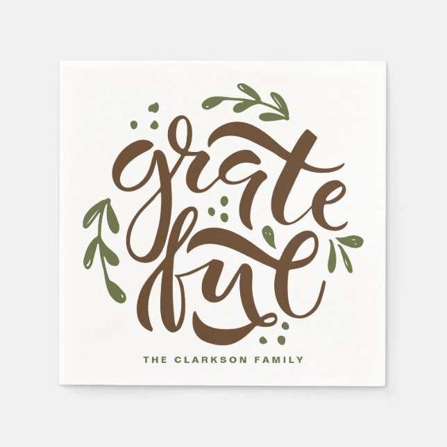 Green Hand Lettered Grateful Thanksgiving Napkins (Front)