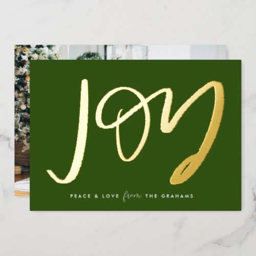 Green Hand_Lettered Joy Photo Gold Foil Holiday Card