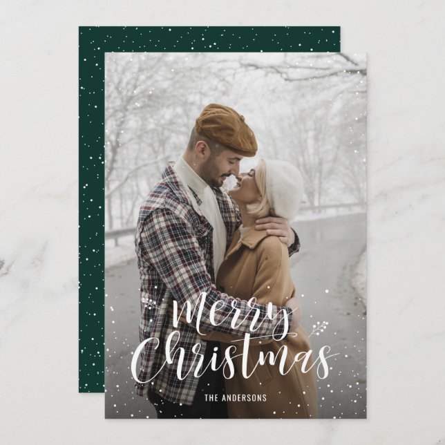 Green Hand Lettered Snow Photo Christmas Cards (Front/Back)