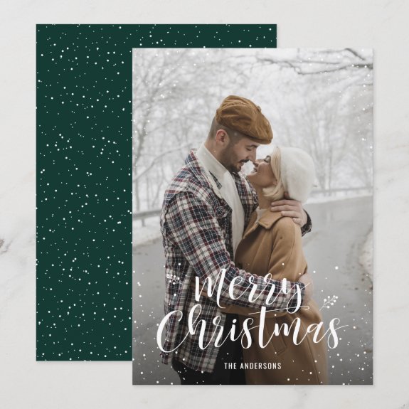 Green Hand Lettered Snow Photo Christmas Cards
