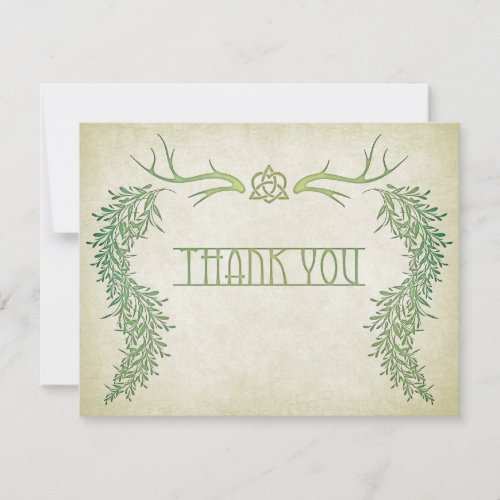 Green Handfasting Antlers Pagan Foliage Wedding Thank You Card
