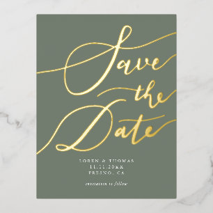 Green Handwritten Calligraphy Save The Date Foil Invitation Postcard