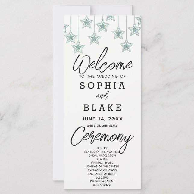 Green Hanging Stars Off White Wedding Program (Front)