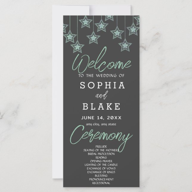Green Hanging Stars Shadow Gray Wedding Program (Front)