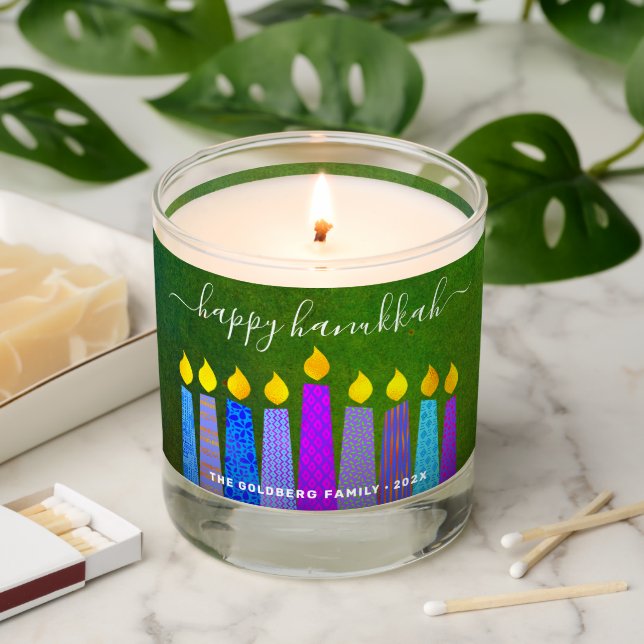 Green Hanukkah Menorah Boho Candles Keepsake Name (Lit)