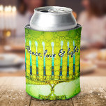Green Hanukkah Menorah Peace Love Light Modern Can Cooler<br><div class="desc">“Peace, love & light.” A calligraphy script quote, overlaying a close-up photo illustration of a bright, colorful, green and yellow artsy menorah, helps you usher in the holiday of Hanukkah in style. Feel the warmth and joy of the holiday season whenever you relax with your favorite beverage with this stunning,...</div>