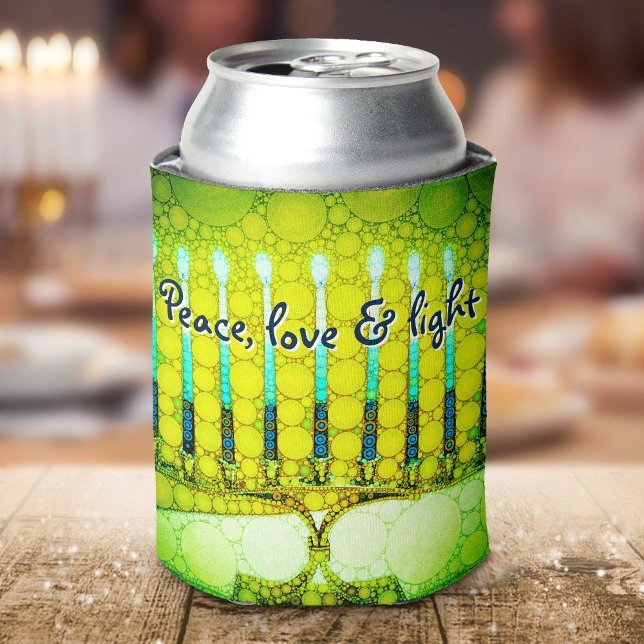 Green Hanukkah Menorah Peace Love Light Modern Can Cooler (Creator Uploaded)